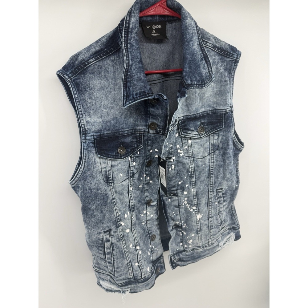 WT02 Men's M Denim Vest Acid Wash Paint Splatter Distressed Jean Jacket NWT - Picture 11 of 12